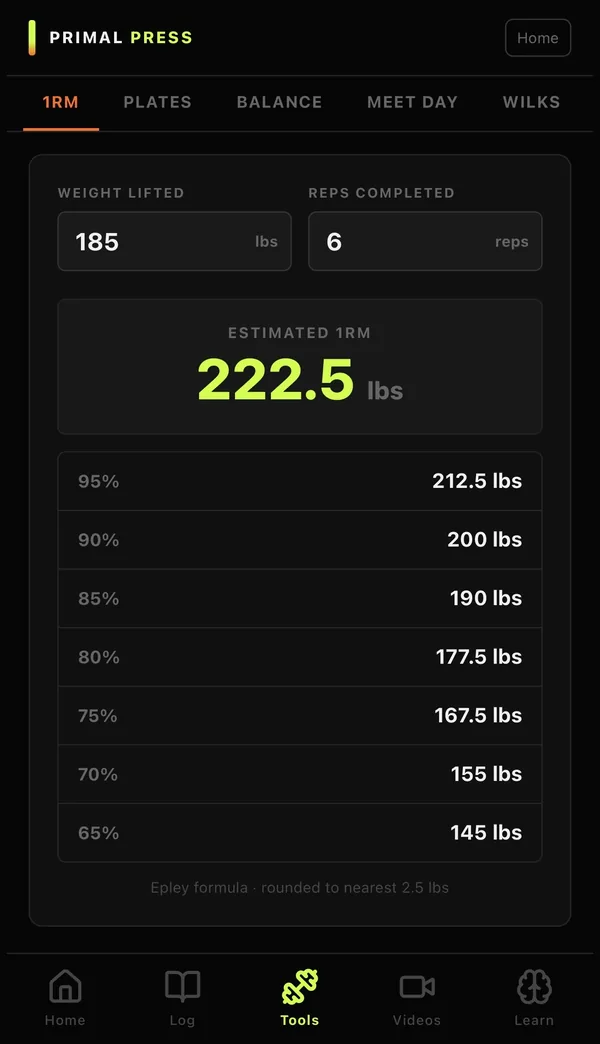 1RM Calculator screen
